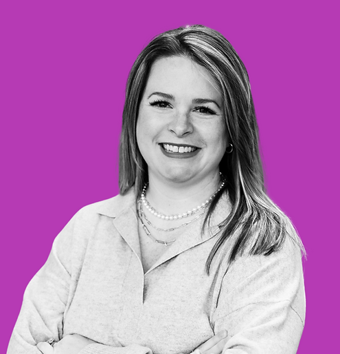 Black and white headshot of Christen George-McFerrin overlaid a purple background